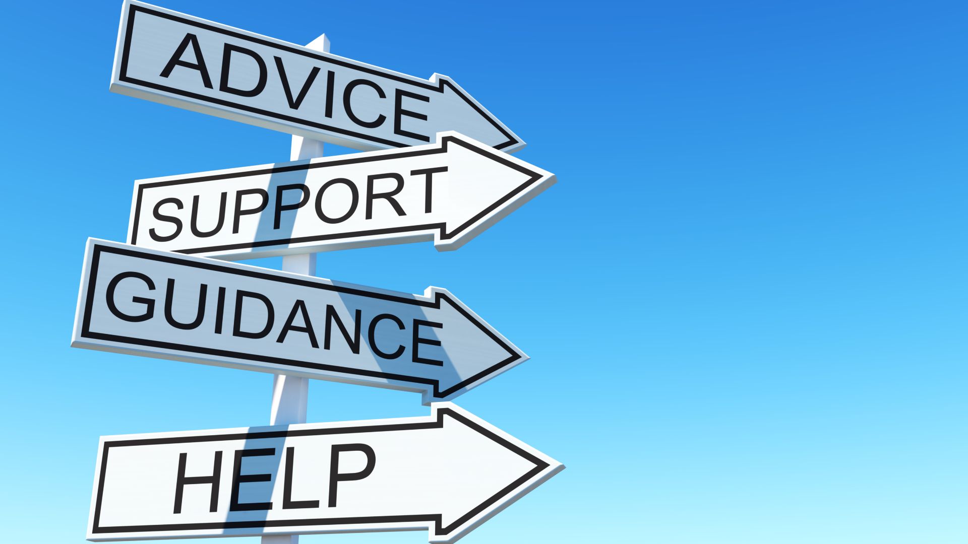 Signposts with text advice, support, guidance and help