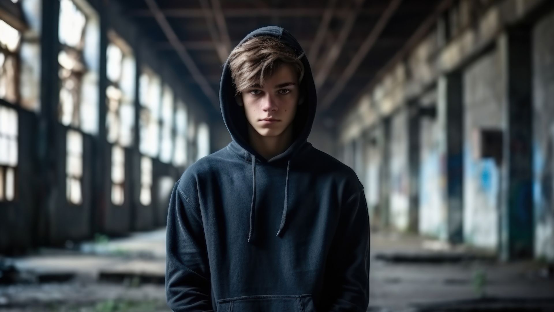 Teenager in hoodie looking at the camera in a warehouse