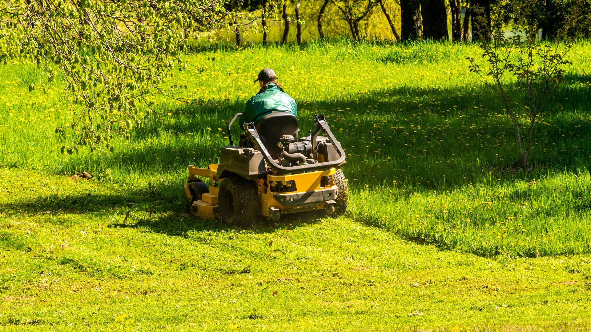 Person driving ride-on lawnmower through grass.