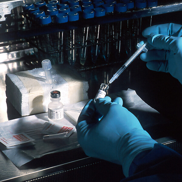 Hands with blue latex gloves holding a syringe and test tube. With a collection of test tubes on the table too.