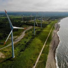 Long row of wind turbines along the coast