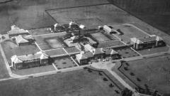 Black and white aerial photo of the main Houghall campus buildings taken circa 1940-50s