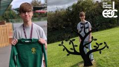 EDC student holding Ribbon Academy jumper and standing in front of metallic tree sculpture. East Durham College logo is top right