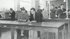 A black and white photo of the Mining Science Lab at Easington Technical College