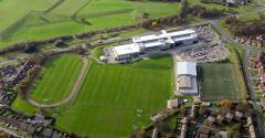 Aerial shot of East Durham College main campus building, football pitches and sports centre