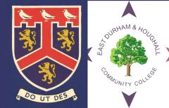 Original 1950s Peterlee College crest with the Latin words DO UT DOS and the 1990s East Durham and Houghall Community College logo