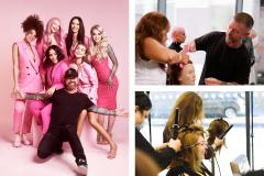 A montage of three images. One is a group of six women all dressed in pink with Lee Stafford kneeling in front of them dressed in black and wearing a baseball cap. A photo of Lee Stafford and a female student cutting a mannequin head's hair. A photo of someone cutting a clients hair and someone in the background cutting a mannequin head's hair.